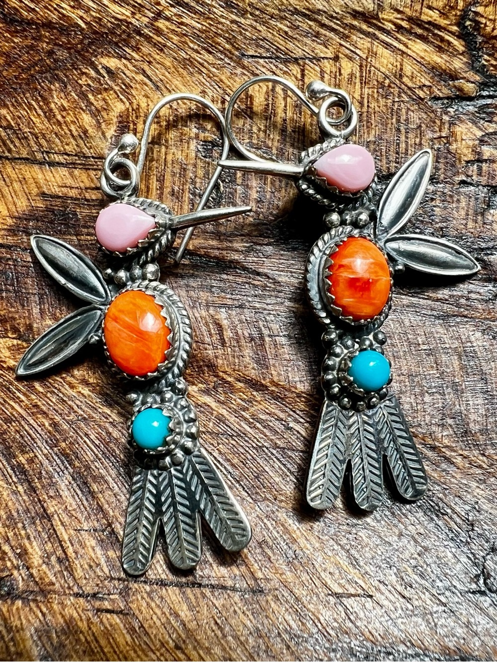 Sterling Silver Hummingbird Earrings Pink Conch Turquoise Spiny Oyster - Picture 2 of 9
